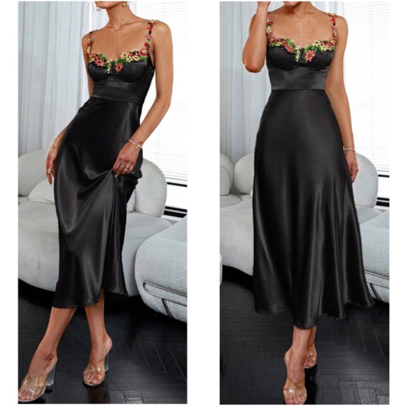 Luxe Floral Embroidered Satin Midi Evening party Midi Dress - Picture 3 of 9